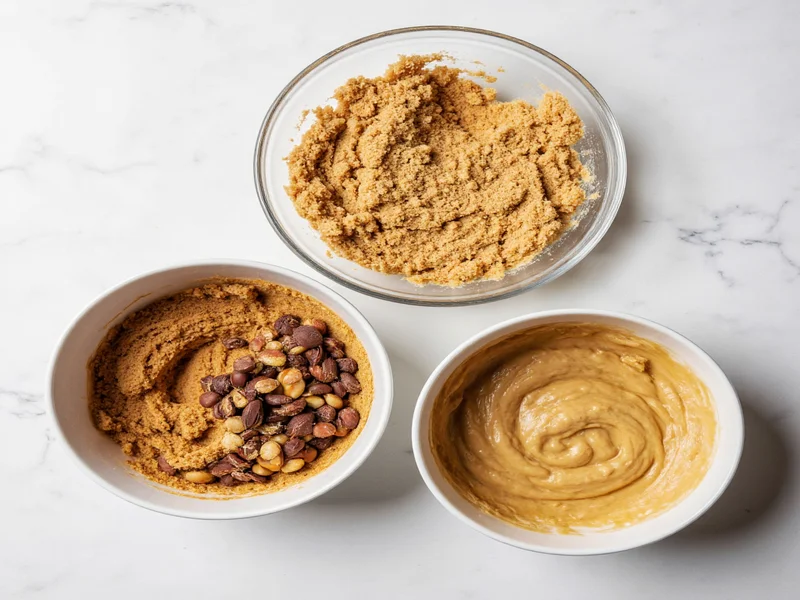 Three cookie dough variations in separate bowls with mix-ins