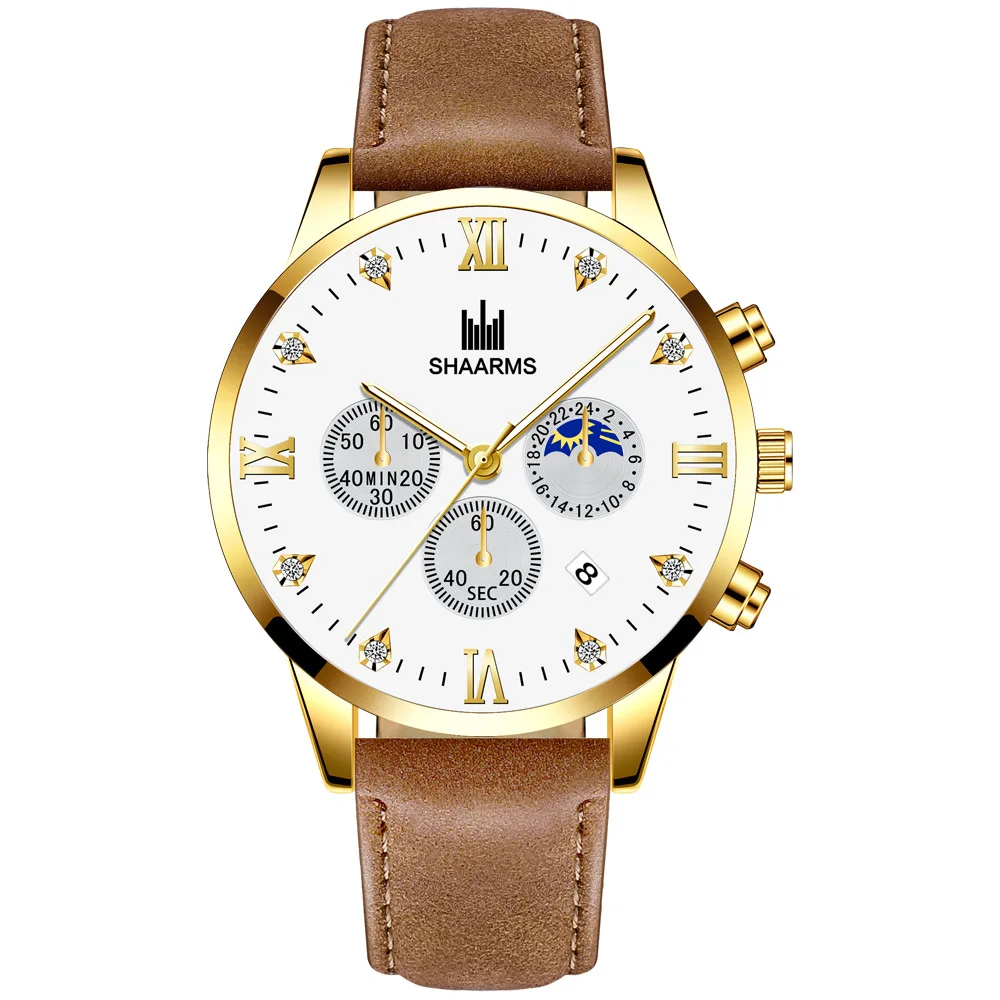 

Shaarms New design leather watch fashion 3 eyes quartz watches hight quality business wristwatch, Black,silver,gold,brown