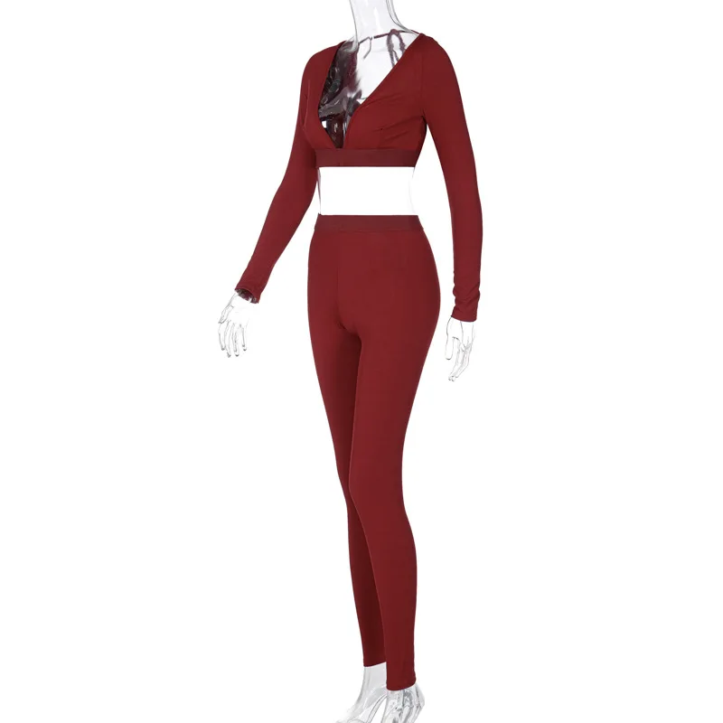 

Hot Sale Female solid-color V-neck cropped top and slacks yoga two piece set women clothing spring