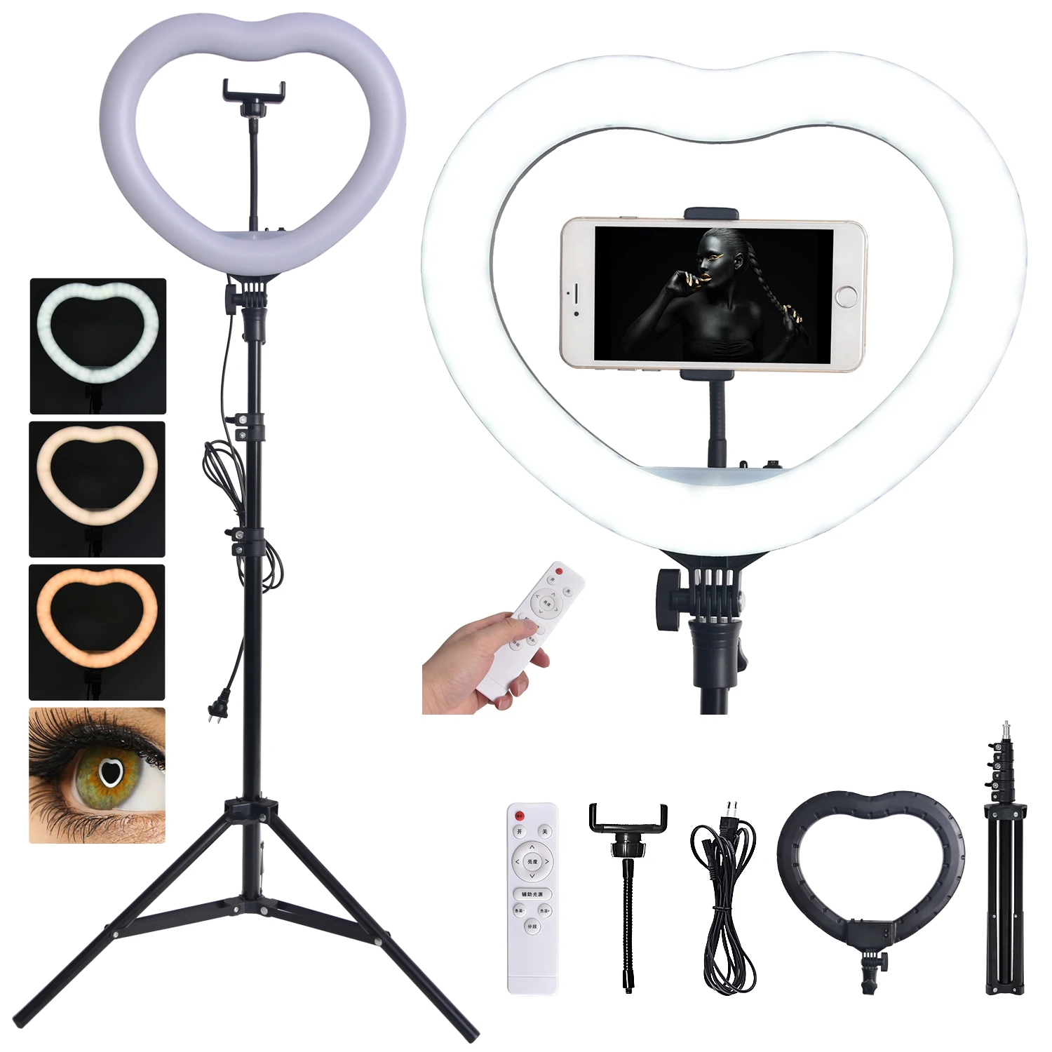 

FOSOTO FT-X258 Heart shaped ring light with tripod stand and phone holder & remoter for Makeup Youtube Video Live Streaming, Black