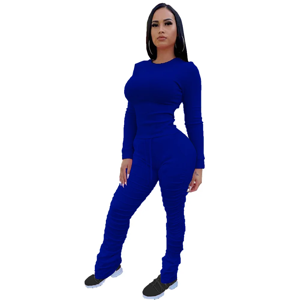 

Fall women two piece high quality customized logo clothing plus size stacked pant suit drawstring long sleeve o neck tracksuits