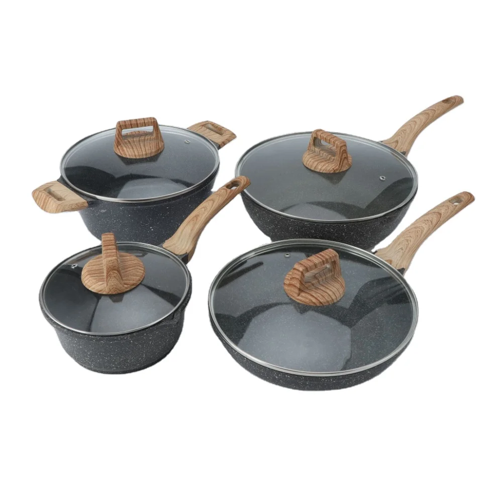 

Heat resistant handle sauce frying pan skillet cooking stock pot kitchen tool granite coating Non stick induction cookware set, Black