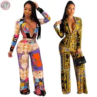 

9090525 new design long sleeve deep V digital print wholesale women jumpsuits and rompers