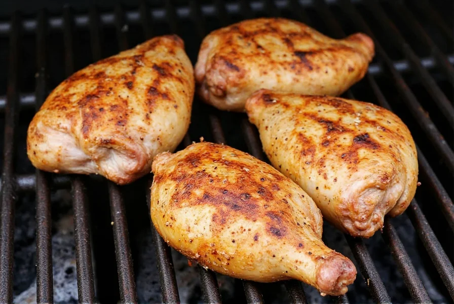 Grilled chicken thighs with visible lemon pepper spice rub crust showing golden brown coloring and char marks