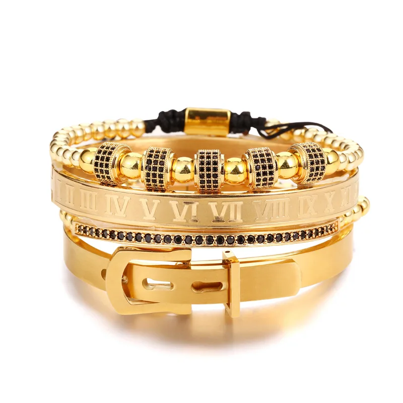 

Men's Luxury Jewelry 4Pcs/Set Micro Paved Zircon Tires Bracelet Stainless Steel Belt Bangle Bracelet Set, Gold color