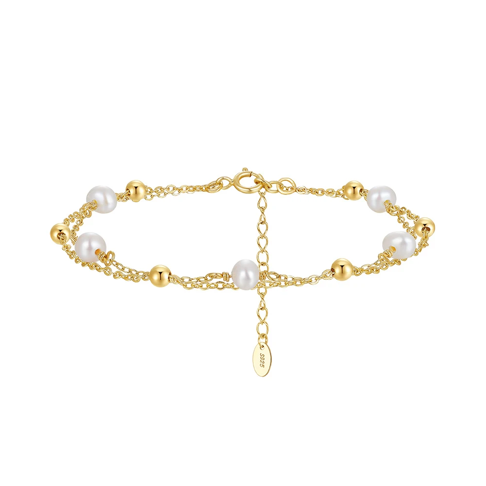 RINNTIN GPB32 2024 New Fashion 4-5mm Double-layer Fresh Water Pearl Bracelet 14k Gold Peach 925 Sterling Silver Women's Bracelet