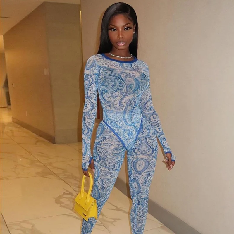 

Hot Sale 2020 New Autumn Womens Sexy Mesh Sheer Printed One Piece Trousers Set Bodycon Jumpsuit