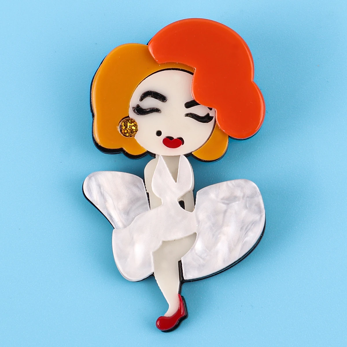 

Vintage American famous Big wave Actress classic character image dancing white dress acrylic Brooch for women