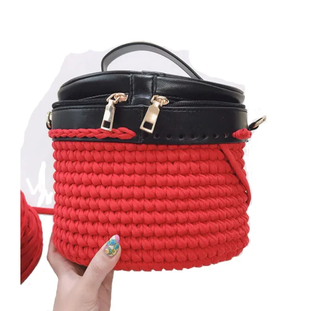 

PU leather handmade DIY woolen yarn braided bag cover bag bottom accessories hook material bag set accessories, Black