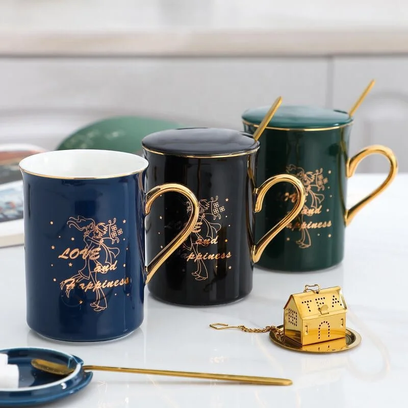 

Amazon Mug with gold handle ceramic cup Nordic luxury gold painted coffee cup for lovers with gift box, As picure or customized