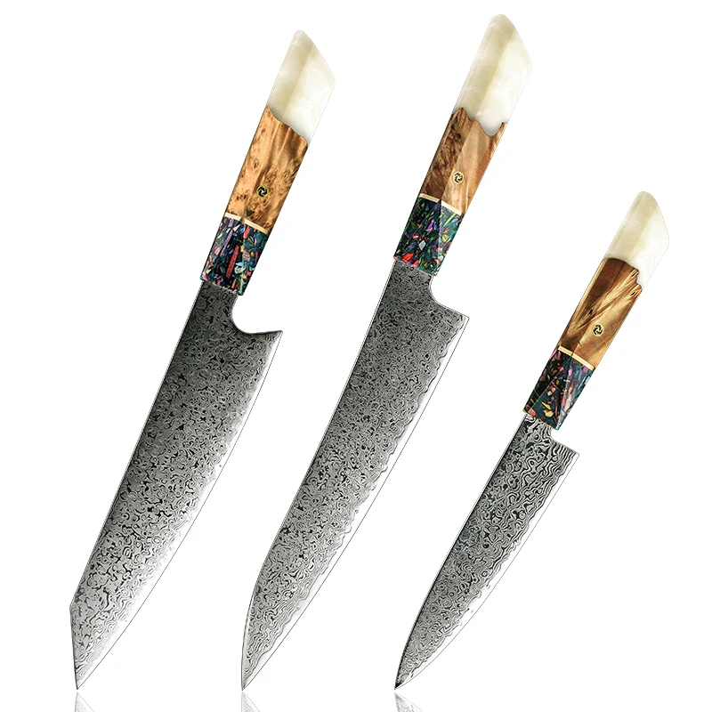 

Resin Handle Kiritsuke AUS10 67 Layers Real Damascus Chef Paring Utility Knife Japanese Multifunctional Kitchen Knives Set of 3