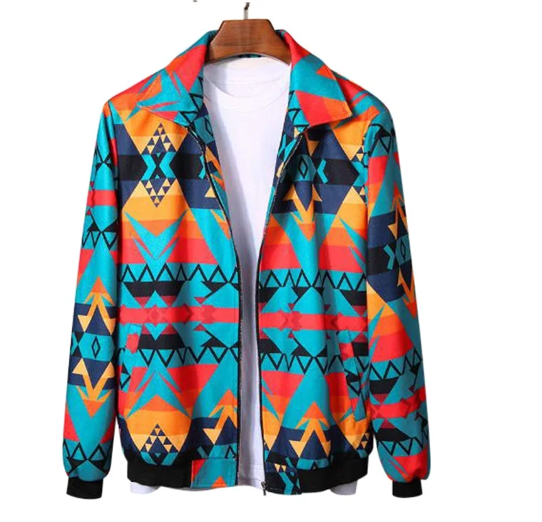 

Geometric Graphic Print Rib-knit Trim men's jackets coats, Customized color