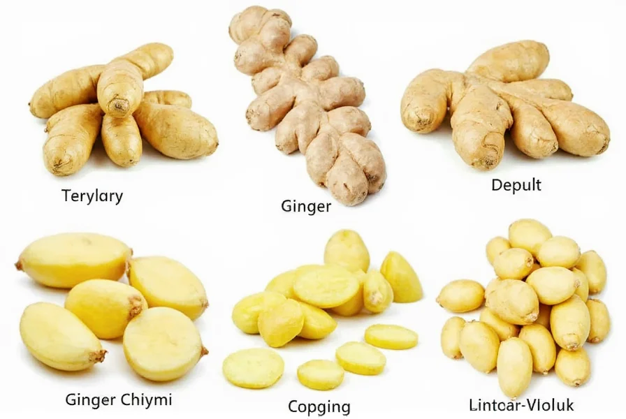 Close-up comparison of different ginger varieties showing color, texture and shape differences between common ginger, galangal, and turmeric rhizomes