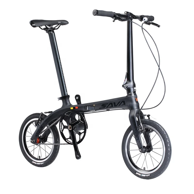 

SAVA Folding Bike 14 inch Carbon Fiber Frame Portable Folding Bikes Mini Fixed Gear City Foldable Bicycle with Headlights, Black