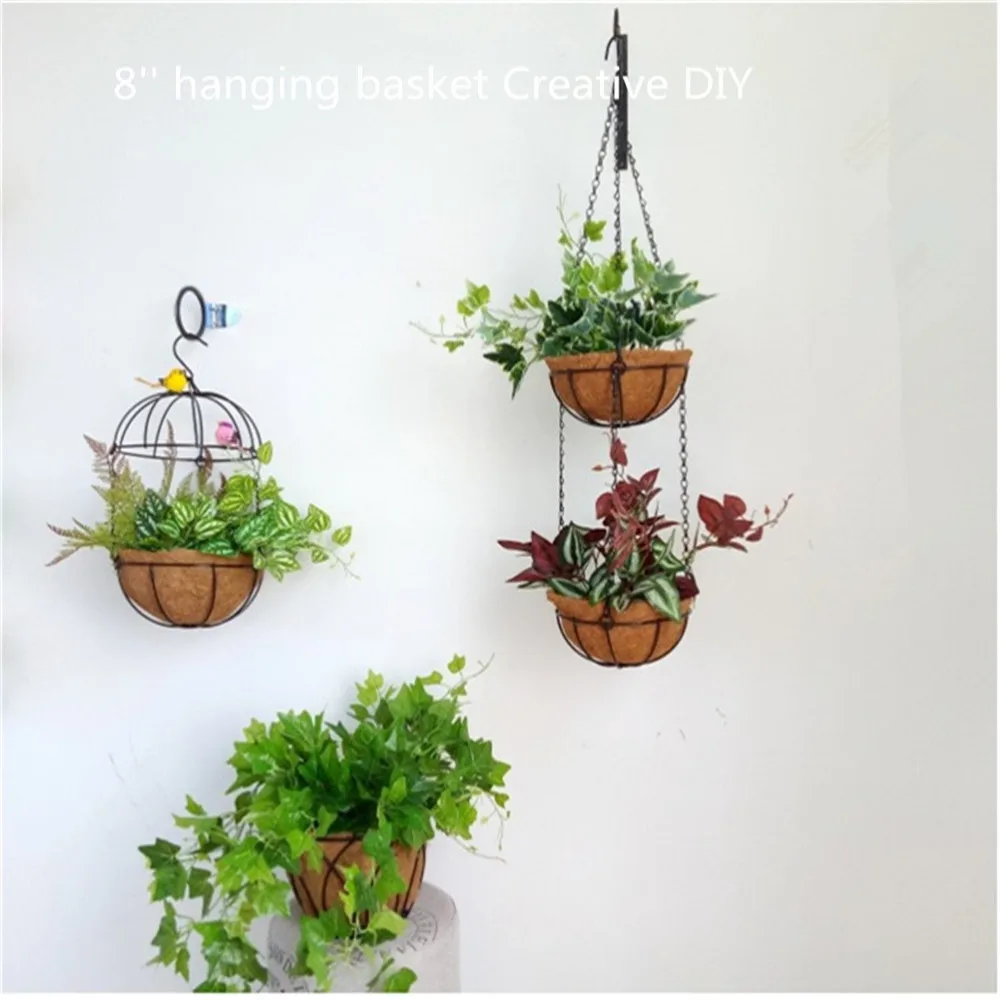 

Traditional Hanging Flower Pot Plant Metal Holder Wall Hanging Basket Flowerpot wall Decoration Plant Basket with Coco Emulate, Brown