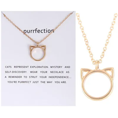 

New Design Trendy Card Jewelry Gold Plated Hollow Cat Head Necklace Cute Round Cat Ear Pendant Necklace