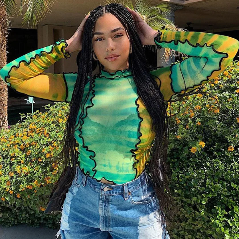 

Colorful Print Ruffle Tops Womens Basic T-shirts Autumn Hot Sale Thin Slim Street Casual Tee Shirts, Picture color