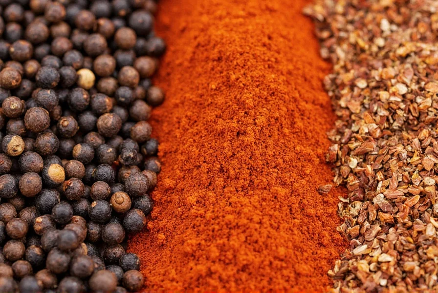 Close-up of various pepper types used in jerky making: black peppercorns, cayenne flakes, smoked paprika