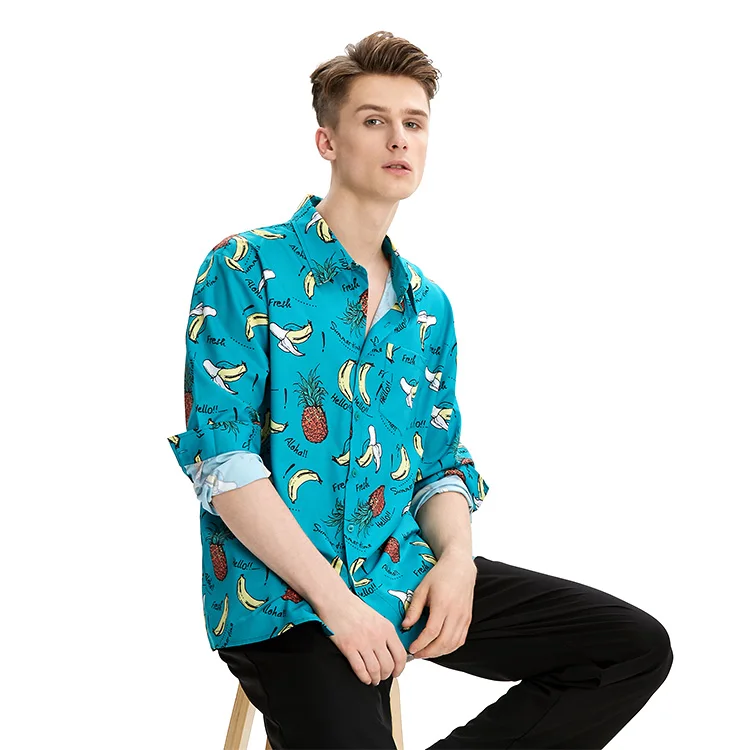 

High Quality Wholesale Casual Button Fruit Print Beach Mens Hawaiian Shirts