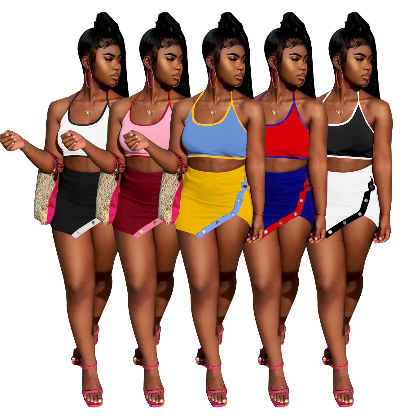 

New Arrival summer cute halter neon clothing crop top backless sexy buttons asymmetrical two piece set dress women skirt, As picture or customized make