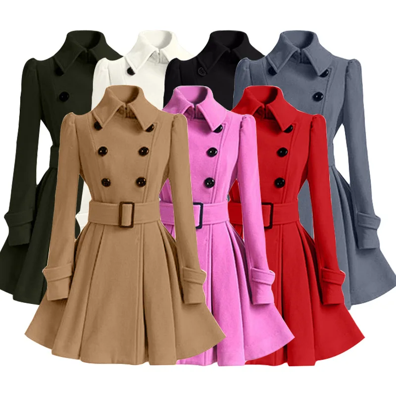 

2020 Winter Women Stylish Thick Double-breasted Overcoat Ladies Woolen Coat With Belt