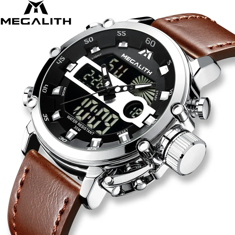 

MEGALITH 2020 New Luxury Military Leather Watches Men Wrist Digital Quartz Dual Display luminous Wristwatches Relogio Masculino