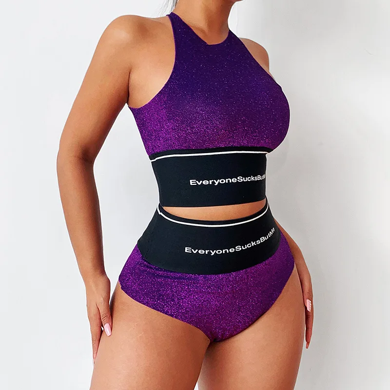

2022 New Arrivals Purple Shinny Stylish Clothes Women 2 Piece Sports Crop Tops With Shorts Pants Clothing Set