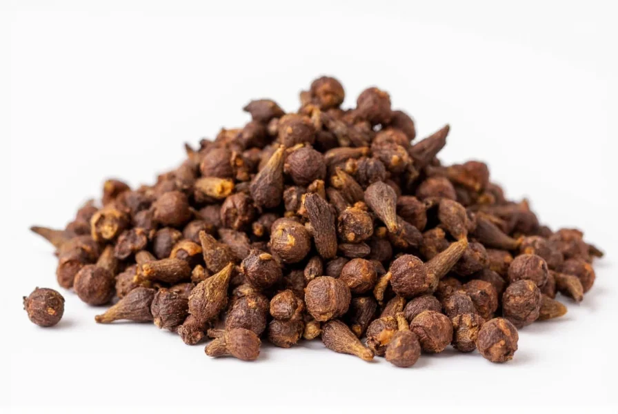 Close-up photography of whole clove buds and ground clove spice on wooden background with measuring spoons