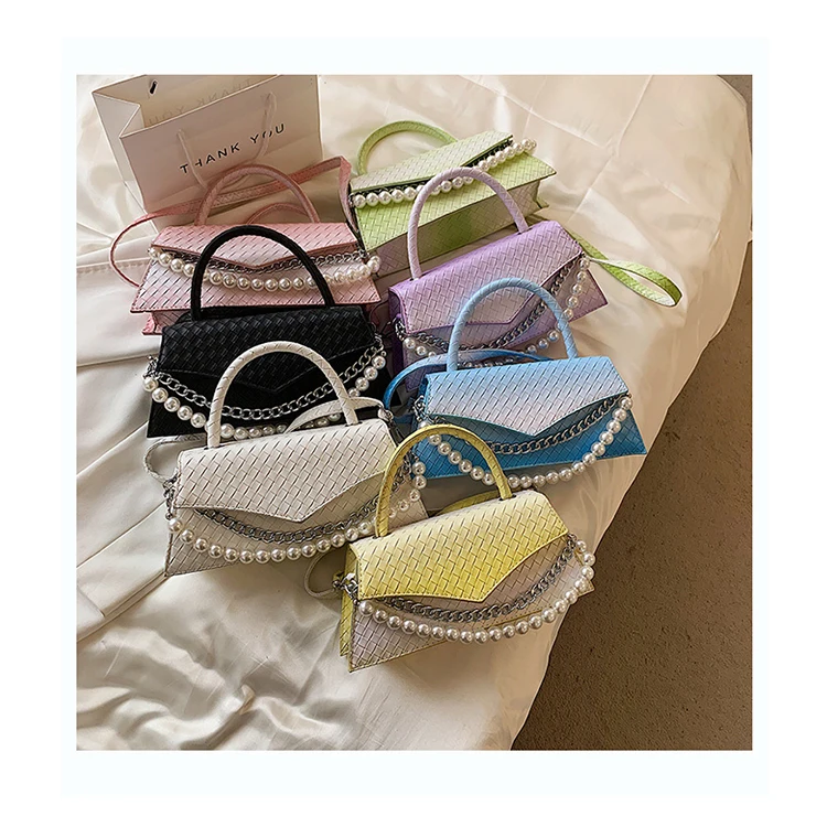 

Trendy Gradient Color Trapezoid Hand Bags Designer Weaving Shoulder Bags Luxury Pearl Chain Purses and Handbags For Women Bolsas