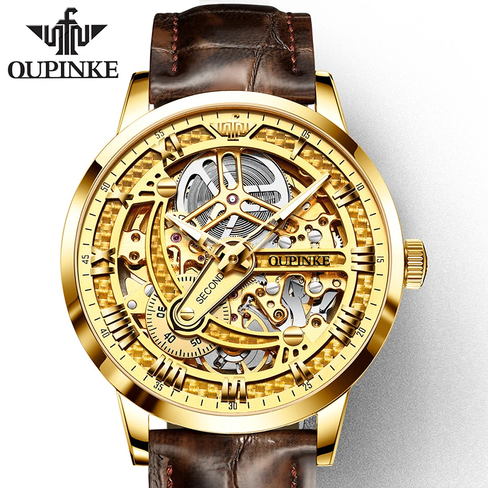 

Oupinke 3173 Low Moq Custom OEM Luminous Stainless steel Tourbillon Skeleton Mechanical Luxury Wrist Men Watch Wristwatch