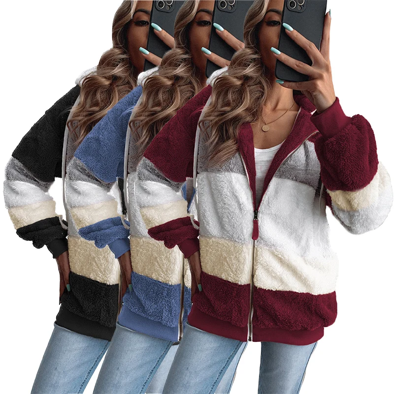 

Wholesale Zip Up Coats For Ladies Fleece Color Block Hooded Sherpa Coat