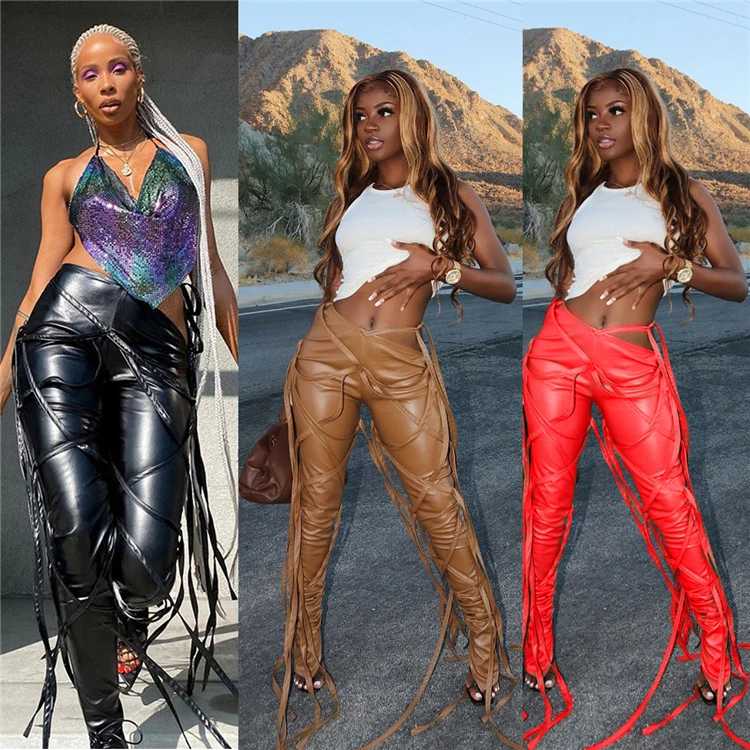 

W1508 Fall 2020 women clothes two piece set plus size sexy tight suit PU leather flared pants casual trousers