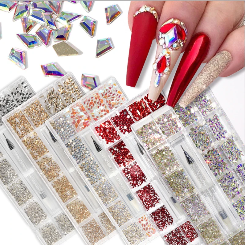 

21 Grid high quality nail crystals rhinestones boxes nail art accessory ab rainbow holographic flash press on nails