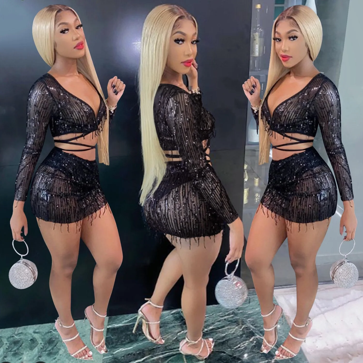 

Skirt And Crop Top Sexy Fringe Sequins Women 2 Piece Set Clothing