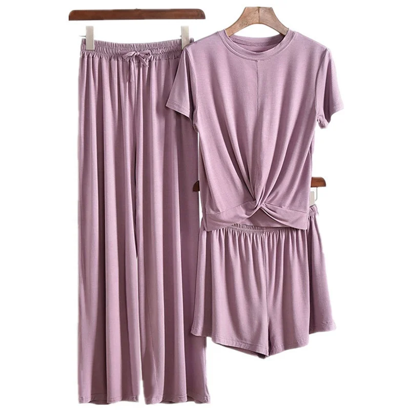 

3 Piece Set Gray Home Suit for Women Modal Atoff Home Cloth Loose Women's Pajamas Set Female Homewear Suit Pink Ladies Sleepwear, Pink apricot black white purple