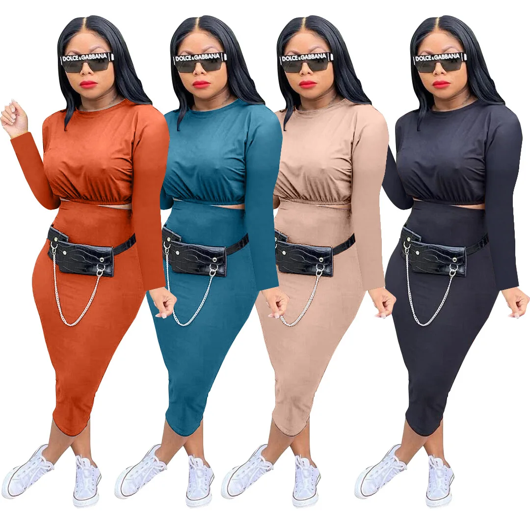 

2021casual women clothes outfit clothing fall trendy new arrival fashion solid color crop top 2 two pieces skirt set autumn, Picture