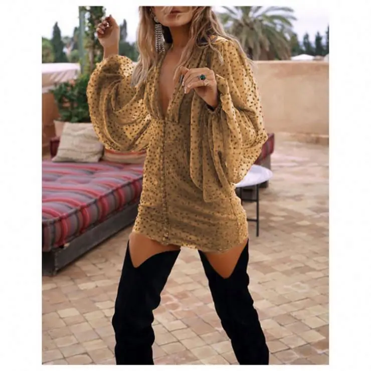 

Best Design Fashion V-Neck Dot Casual Dress Women Lantern Sleeve Women Dresses Sexy Mini Dress