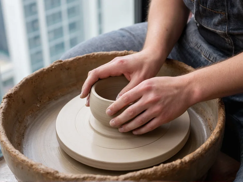 Hands shaping pottery on wheel with Brickell high-rises visible