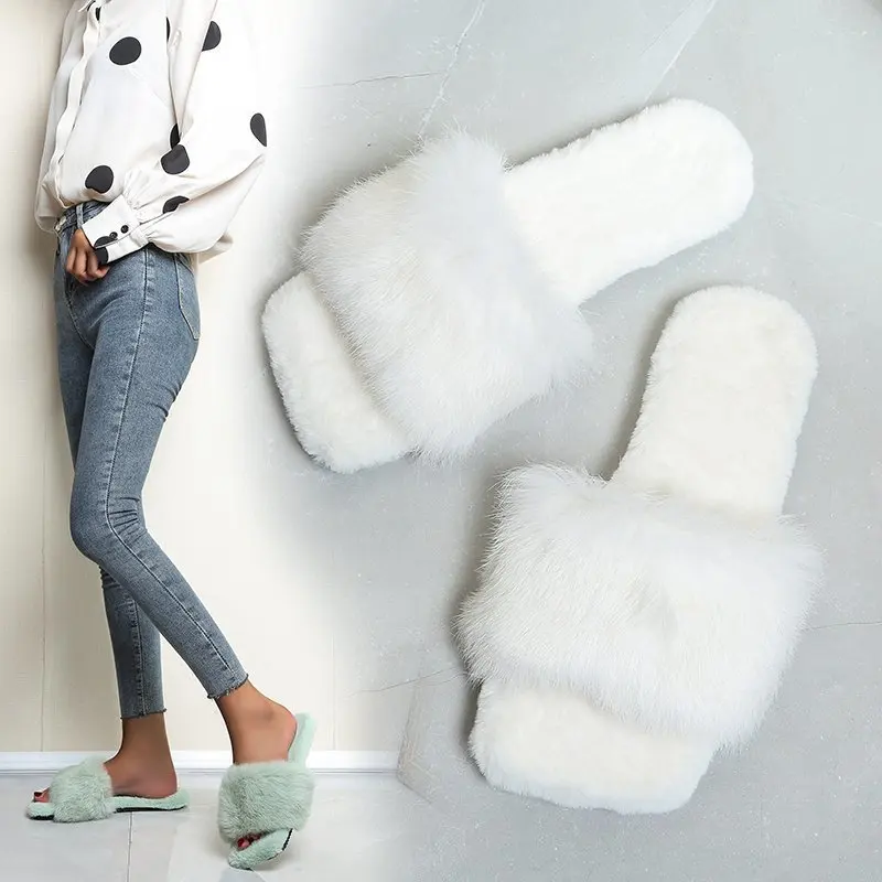 

New arrival fashion women fur slippers candy color square head women sandals flip flops ladies flat shoes