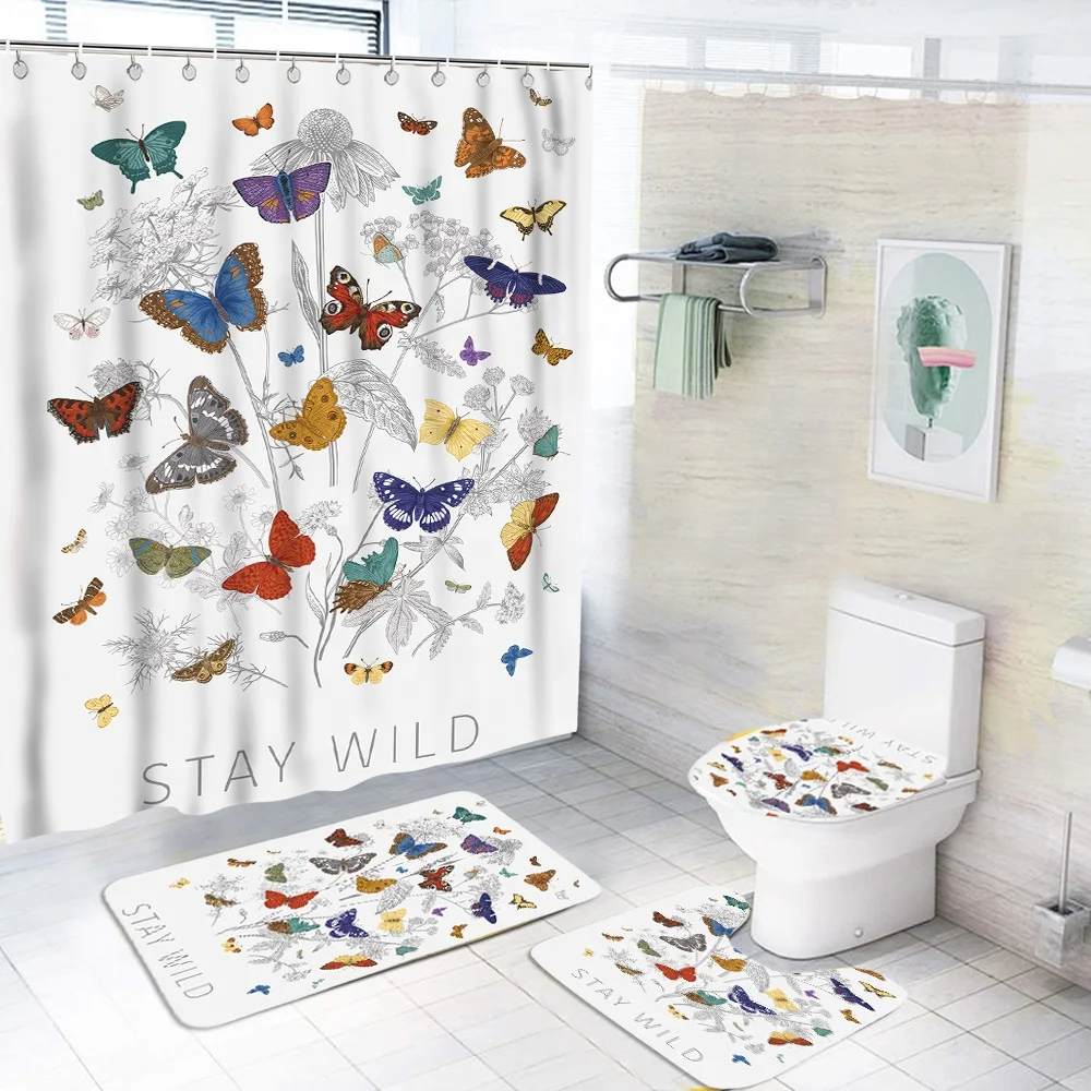 

4 pcs hot selling polyester waterproof butterfly design shower curtain set with bath mat rug set for bathroom hot sale amazon, Customized