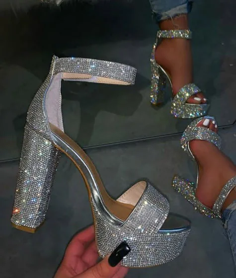 

Women Sliver Platform Sandals High Chun Heels Pumps Glitter Diamonds Summer High Heel Shoes, Silver