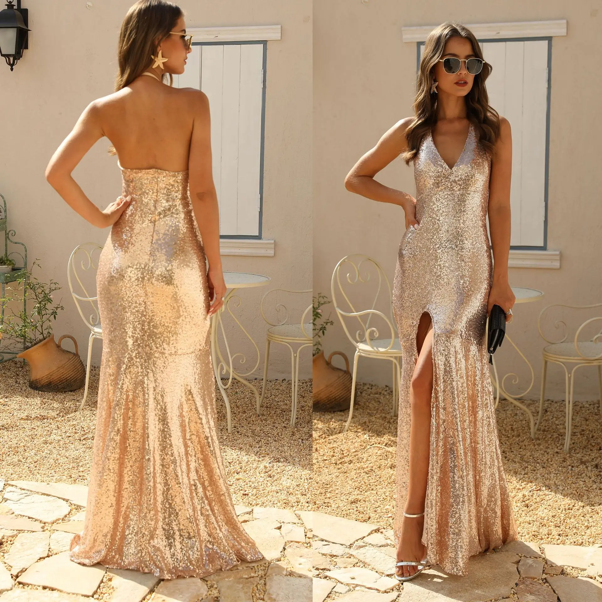 

B51682A New style lady sexy v neck backless fashion high slit sequined dress, Show