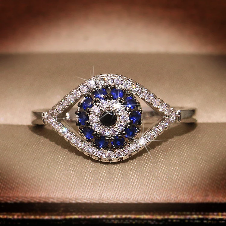 

Sparkling Latest Unique Design Shine Zircon Diamond Evil Eye Ring Blue Eye Ring For Women, Picture