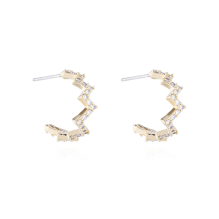 

Real 14K Gold Plating 925 Sterling Silver Needle Irregular CZ Zirconia Half Circle Earrings Rhinestone Crystal C Shape Earring