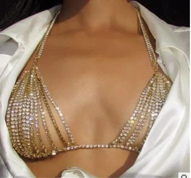 

hot sale newest accessories sexy body jewelry rhinestone bikini chest tassel body chain jewelry, Gold