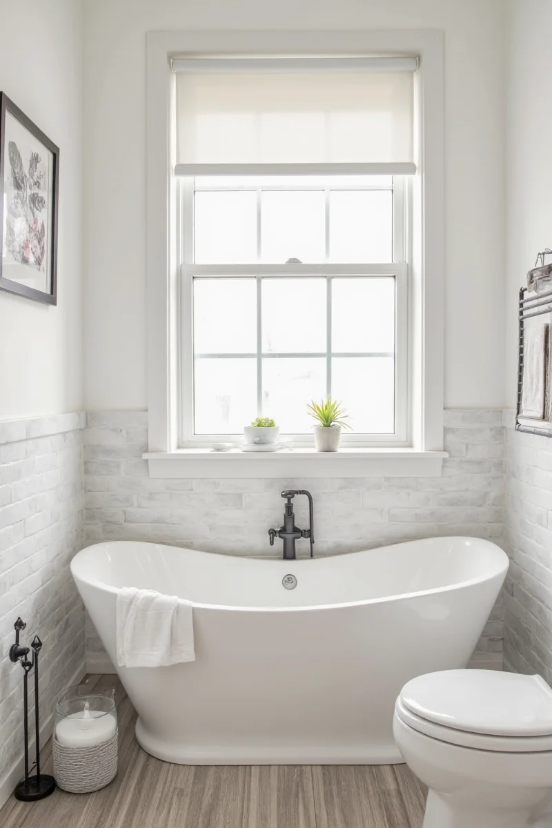 Children's bath time nook with floating shelves and toys
