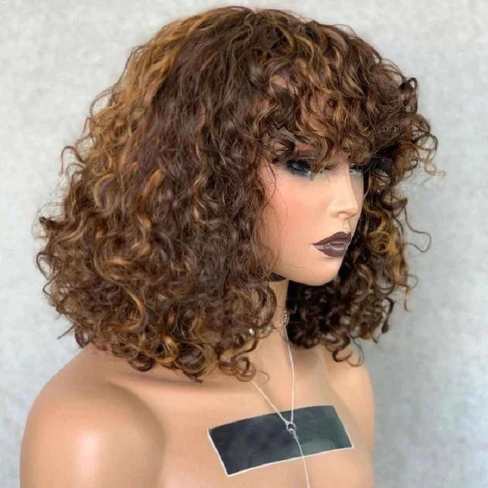 

Highlights Blonde Glueless Bouncy Curly Full Machine Made Fringe Wig 250Density Virgin Human Hair Wigs With Bangs For Women, Natrual color wig