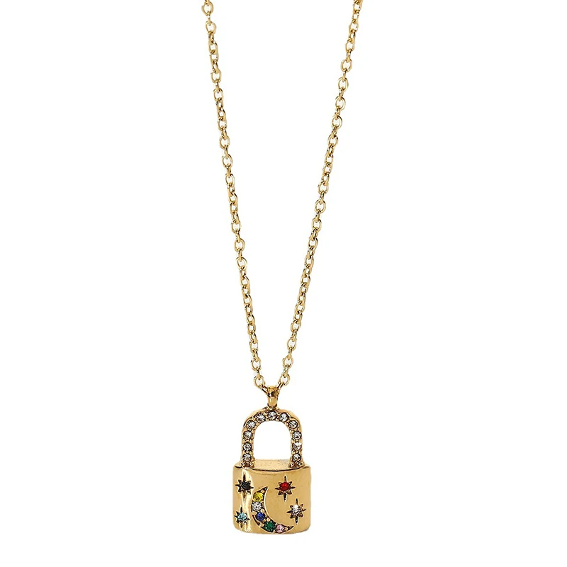 

Trendy Inlaid Colorful Zircon Metal Lock Pendant Necklace Classic 18K Gold Plated Stainless Steel Chain Necklace Women Fashion, Gold color