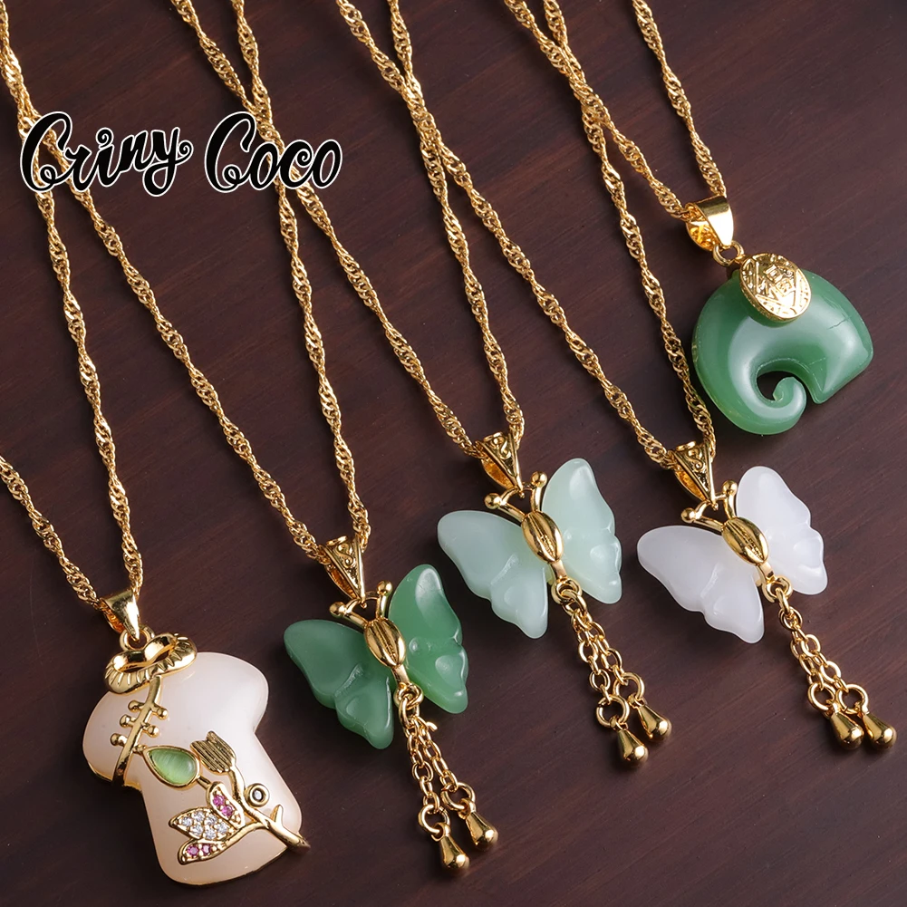 

Cring CoCo Edge Pendant Color Natural Jade Maitreya 24K Gold Plated Butterfly Elephant Chinese style Jade Pendant Necklace
