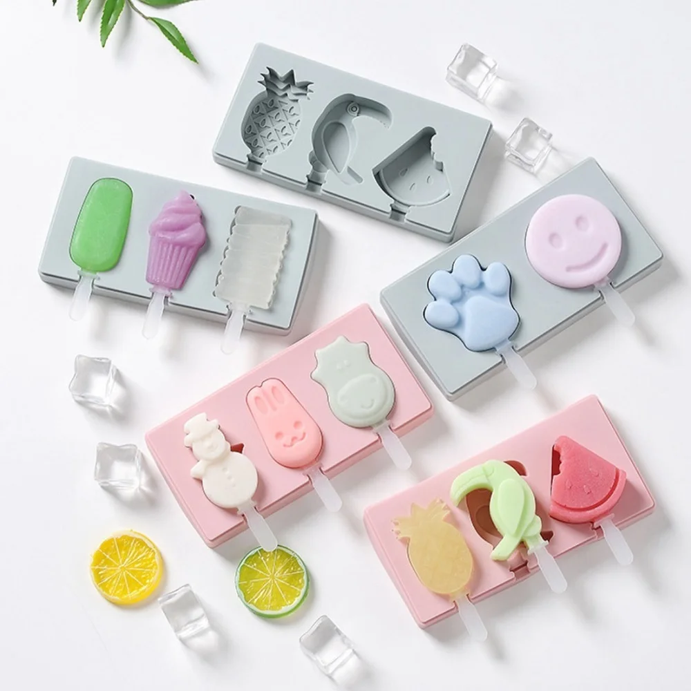 

DIY Reusable 3 Cavities ECO Cute Holder Sticker Ice Lolly Cream freezer Display Case Tray Maker Mould Silicone Popsicle Mold